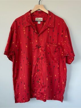 Vintage 2001 Patagonia Aloha Shirt Fishing Fly Print Red Organic Cotton Men's L